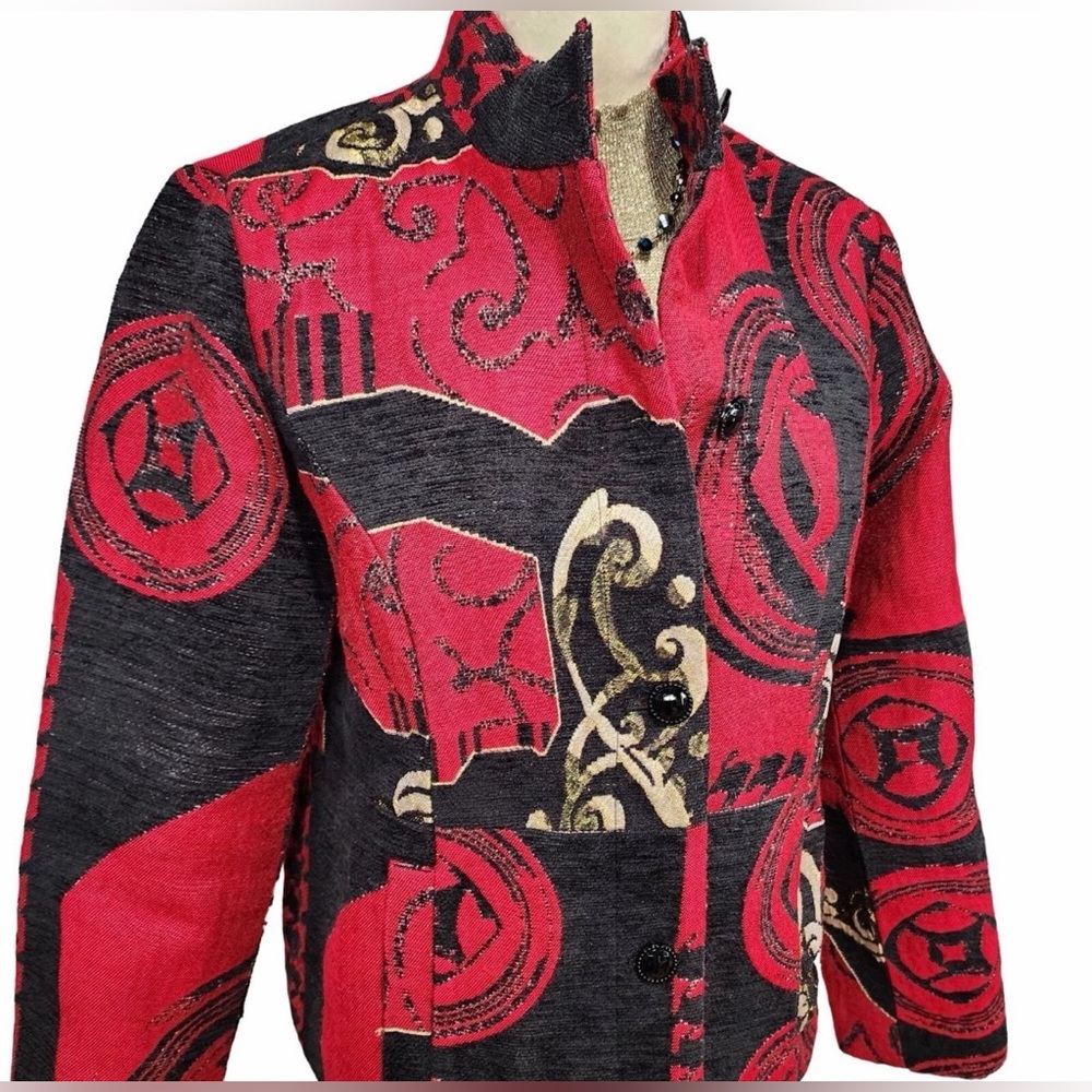 NWT Chicos Jacket Womens Large 2 Red Black Pattern Tapestry Art Carpet Bag